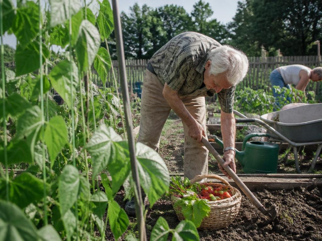 A vigorous man in his seventies digs in a community vegetable garden with a basket of fresh produce beside him on a bright day.
