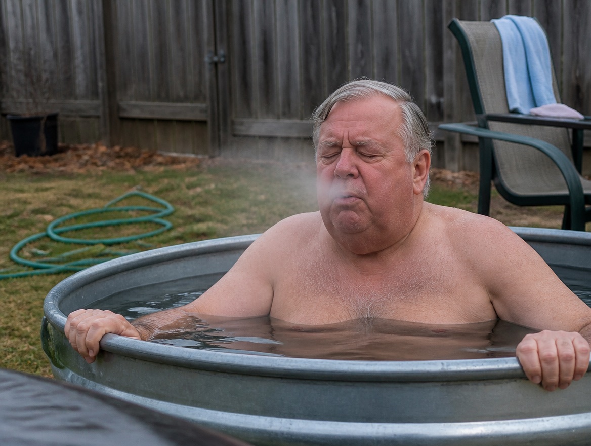 A heavyset man in his late sixties sits chest-deep in a galvanized steel stock-tank cold plunge in a suburban backyard, eyes closed and breath visibly fogging in the cold air, gripping the rim with both hands.