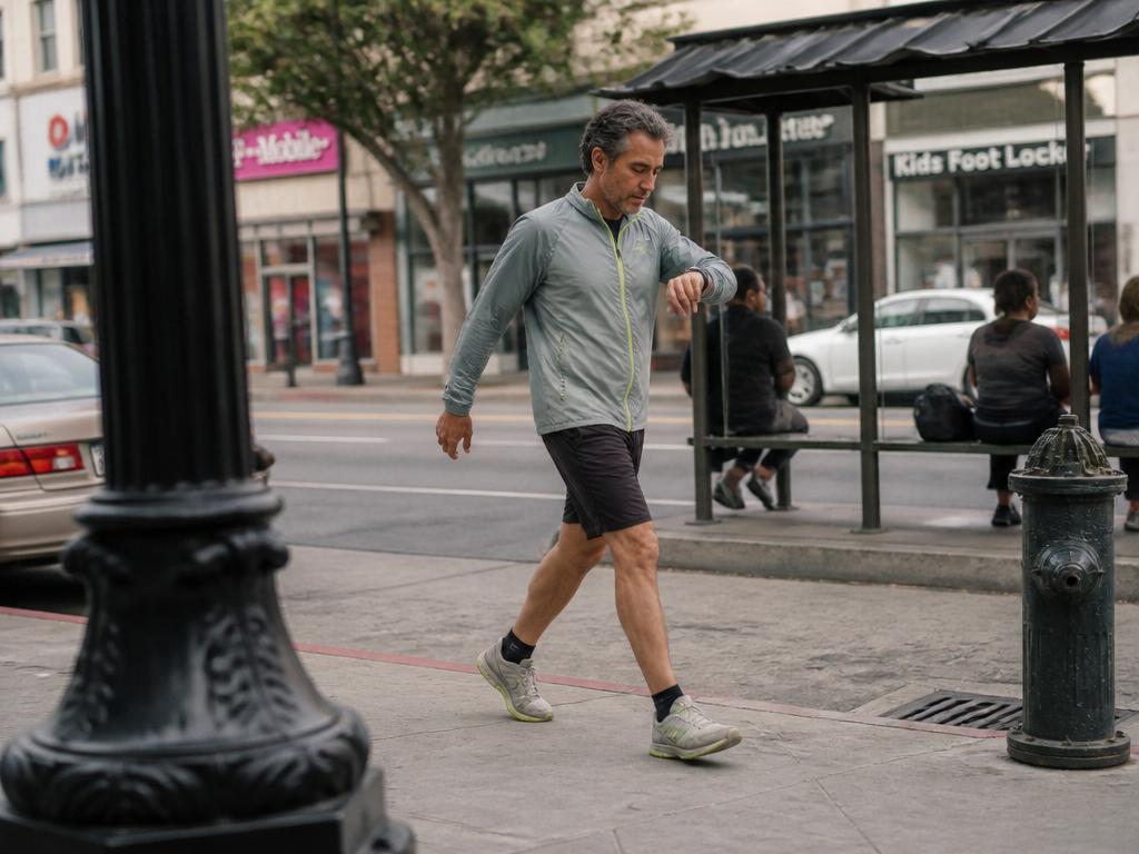 A middle-aged man walks briskly along a busy city sidewalk, glancing at the step count on his fitness watch on a bright overcast day.