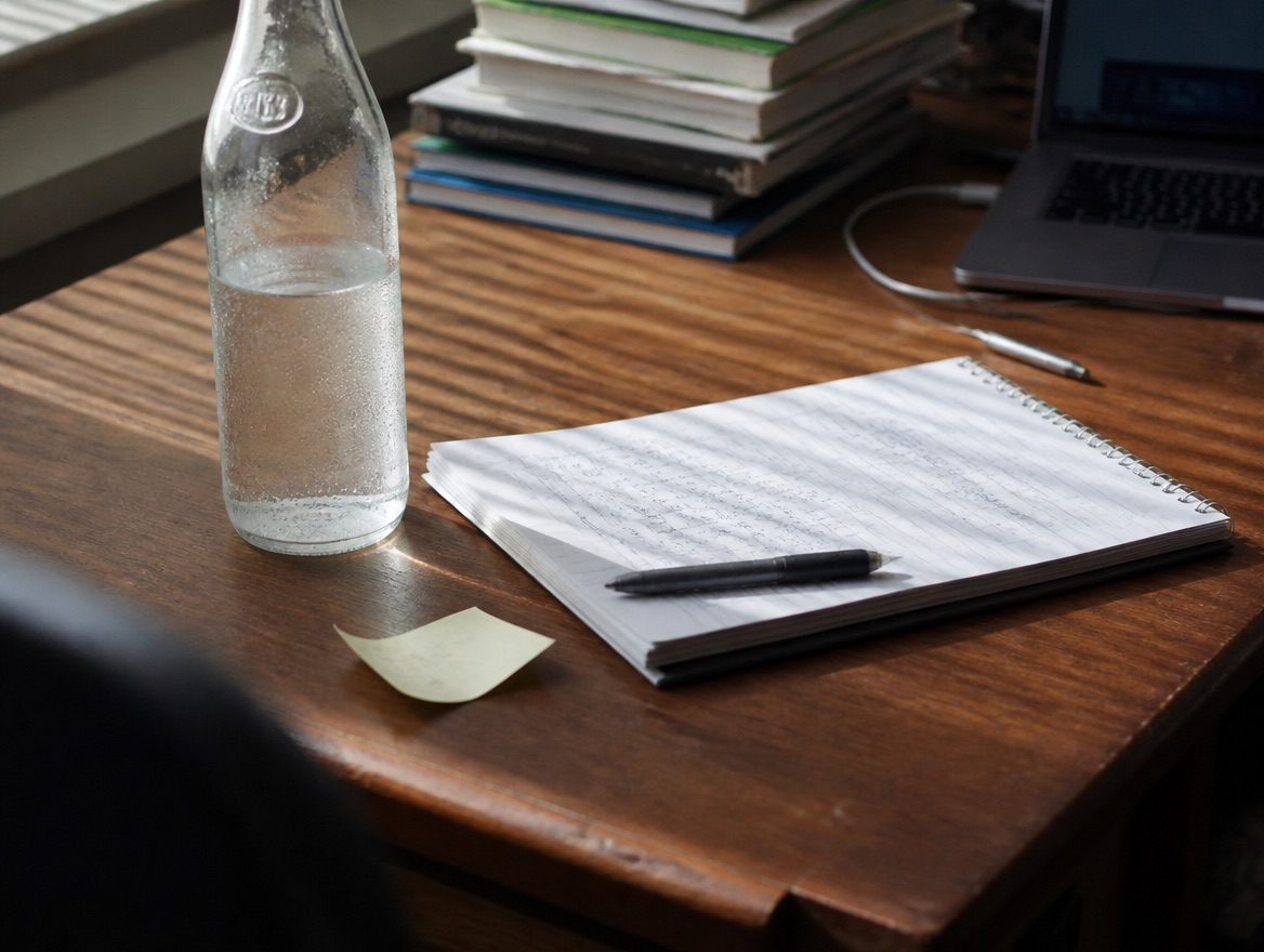 A condensation-beaded glass water bottle sits on a wooden desk beside an open handwritten notebook, a pen, and a laptop, lit by low-angle window light through blinds.