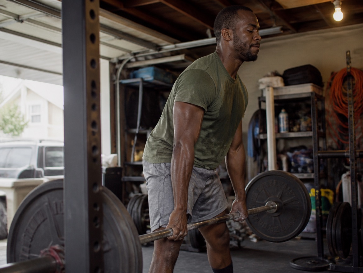 A Black man in his mid-twenties mid-rep on a barbell deadlift in a cluttered home garage gym, gripping the bar with visible strain, weight plates and a coiled orange extension cord in the background.