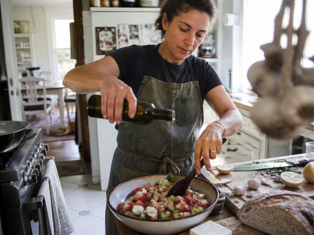 A woman drizzles olive oil over a big bowl of tomato, cucumber, olives and feta while tossing the salad in a busy home kitchen.