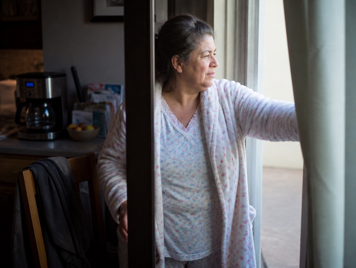 A woman in her fifties in a robe over pajamas pushes open curtains at a back door and looks out into morning light, with a coffee maker mid-brew and a fruit bowl on the kitchen counter behind her.
