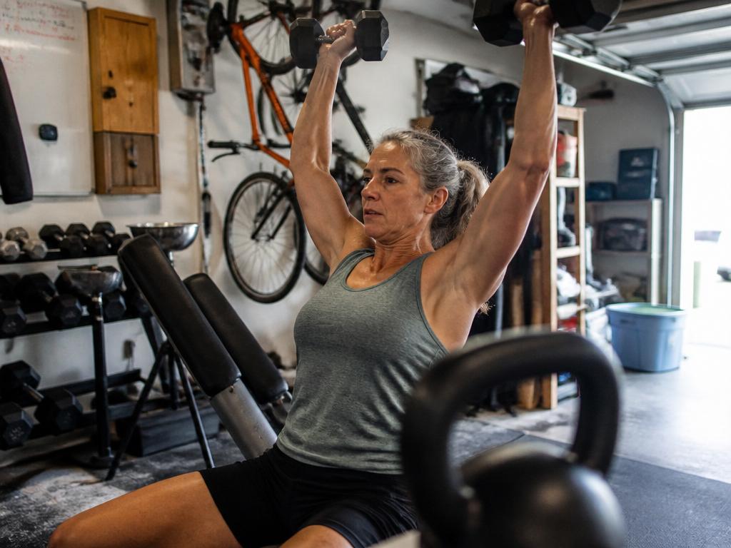 A strong woman in her late fifties presses two dumbbells overhead, muscles defined and face set with effort, in a bright garage gym.