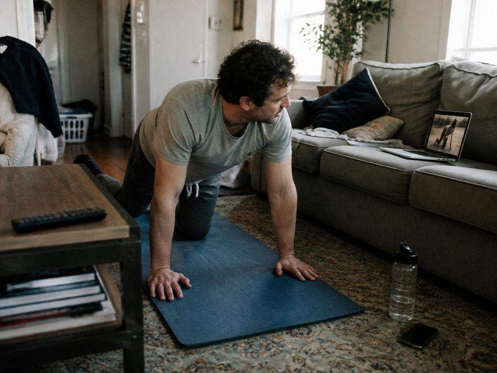 A beginner does a wobbly knee push-up on a yoga mat while following a workout video on a laptop in a cluttered living room.
