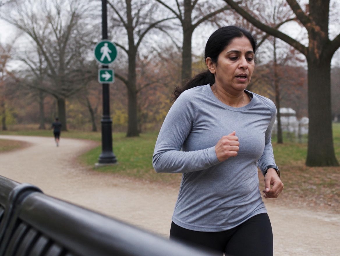 A South Asian woman in her mid-forties jogs mid-stride along a gravel path in a city park on an overcast fall day, breathing hard, with a fitness watch on her wrist and a bench edge in the foreground.