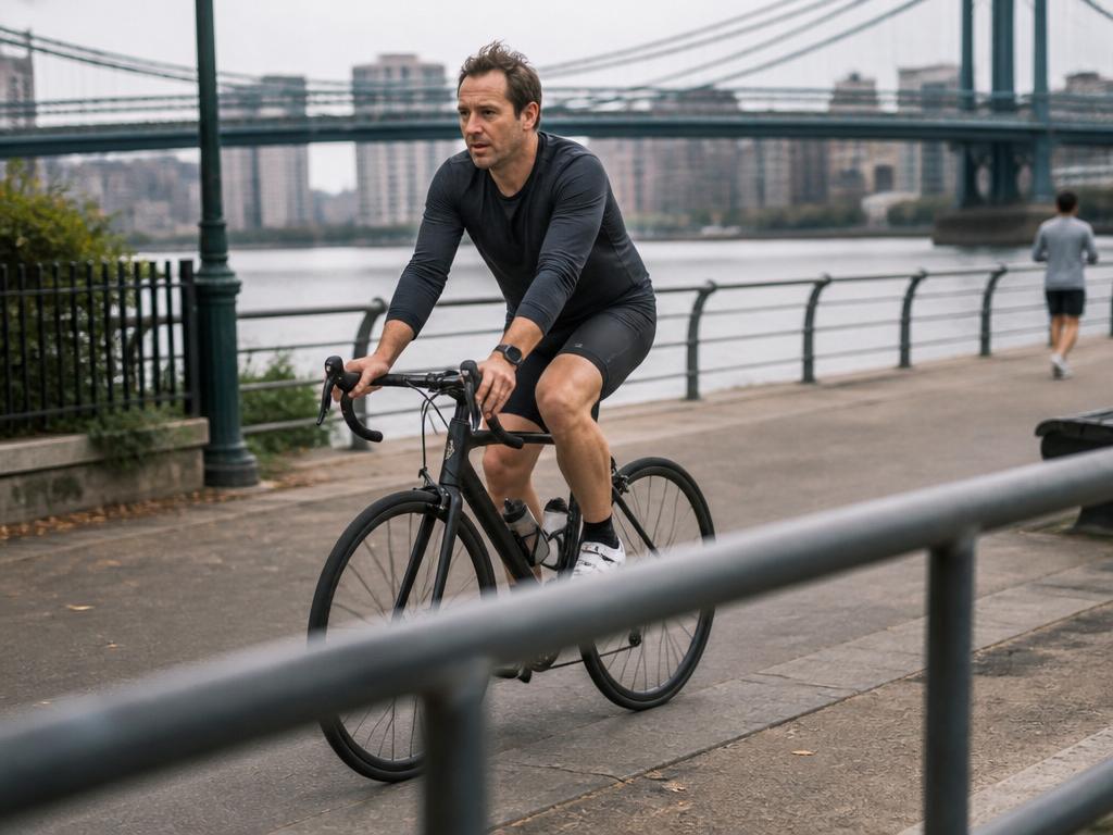 A man rides a bike at a steady, sustainable pace along an urban riverside path, working but composed, on a bright overcast day.