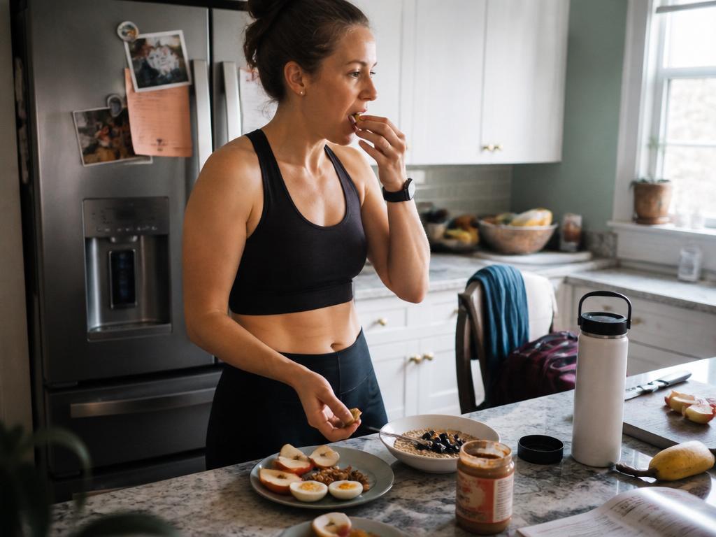 A woman builds a balanced snack plate of nuts, apple slices and boiled eggs while standing, mid-bite, a gym bag on the chair behind her.